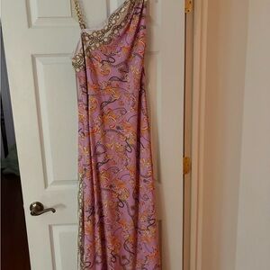 Boston Proper One Shoulder Dress in Pink and Gold Paisley